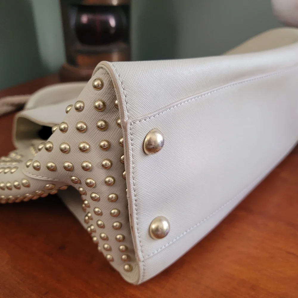 Zac Posen Eartha Studded Cream Saffiano Leather Satchel Crossbody Bag